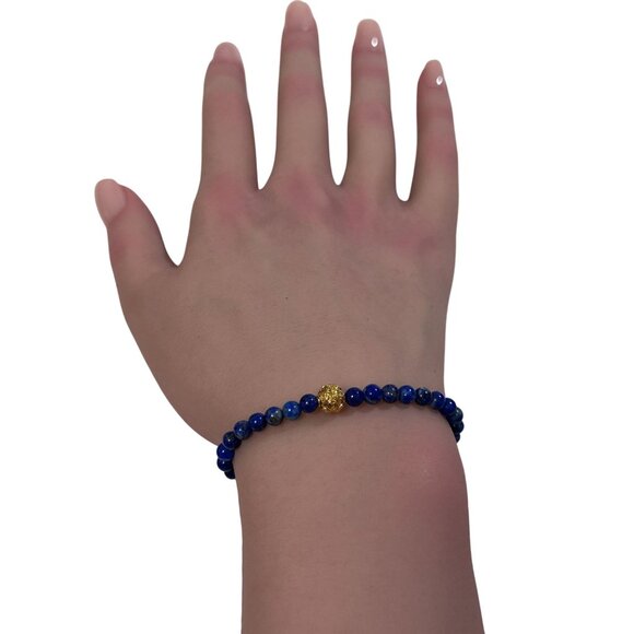 18K Gold Money Coin Ball Lucky Charm Bracelet Mini Gemstone Natural Lapis Lazuli - Picture 6 of 7